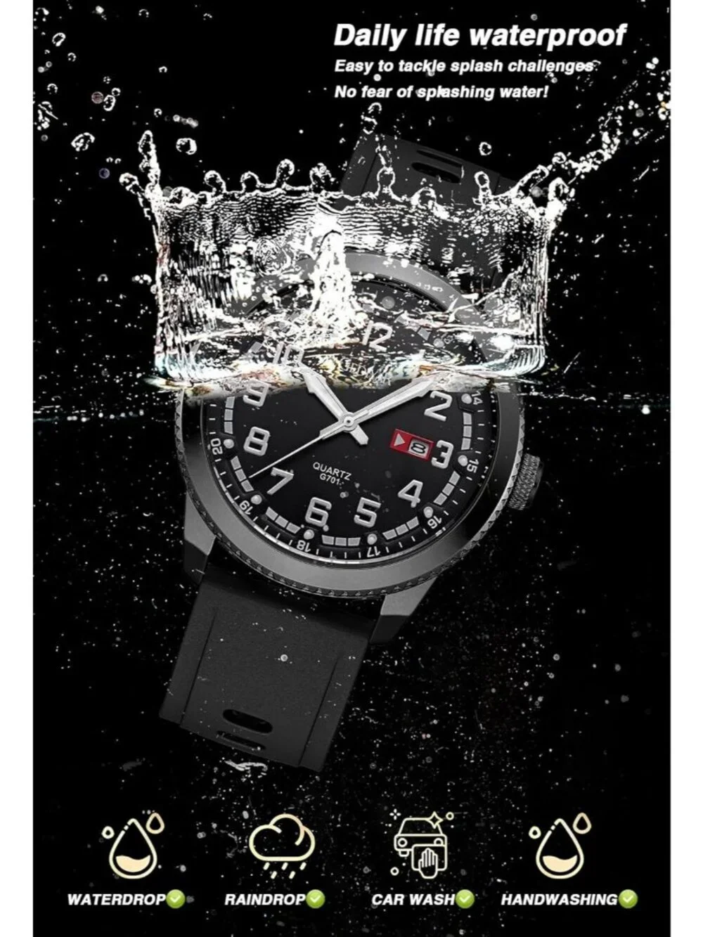Men's Black Analog Quartz Waterproof Silicone Band Luminous Stylish Wrist Watch